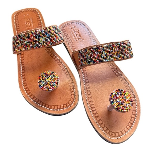 Alex’s Pure Genuine Leather Beaded Multi Color Handmade Thong Sandals- Coachella - Picture 1 of 14